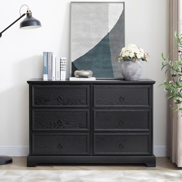 Modern Farmhouse 6-Drawer Dresser, Black with Rustic Oak Top - Bed