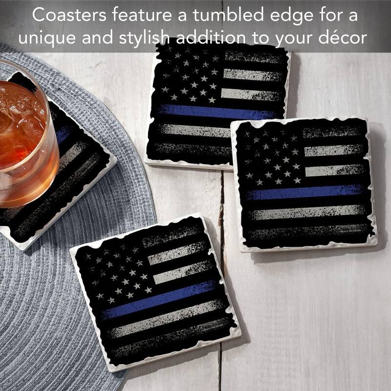 Blue Line Flag Single Image Absorbent Stone Tumbled Tile Coaster with Protective Cork Backing 4 Pack Manufactured in The USA