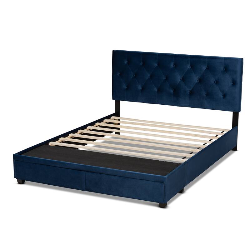 Navy Blue Velvet Queen Bed with Storage Modern Platform Bed Frame, 2 Drawers, Headboard Included