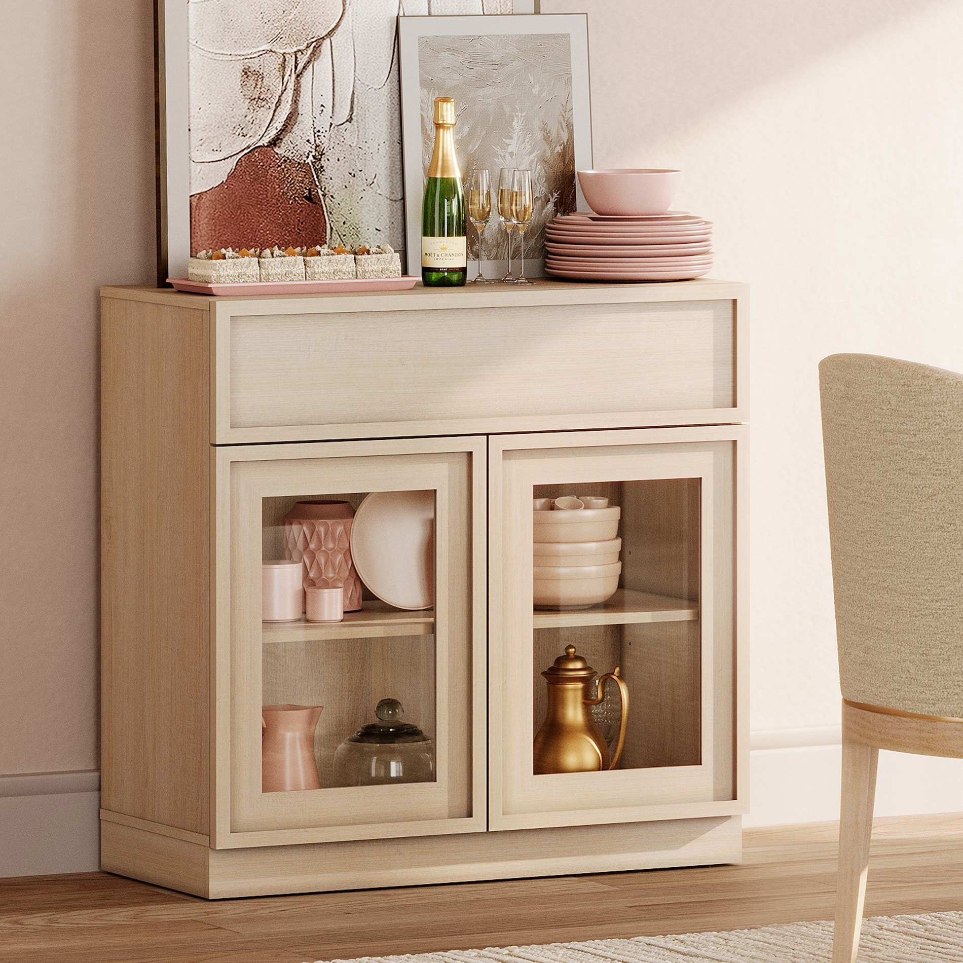 WAMPAT Modern Sideboard Buffet Cabinet with 2 Glass Doors and Drawer, Large Storage and Adjustable Shelf，Coffee Bar Cabinet