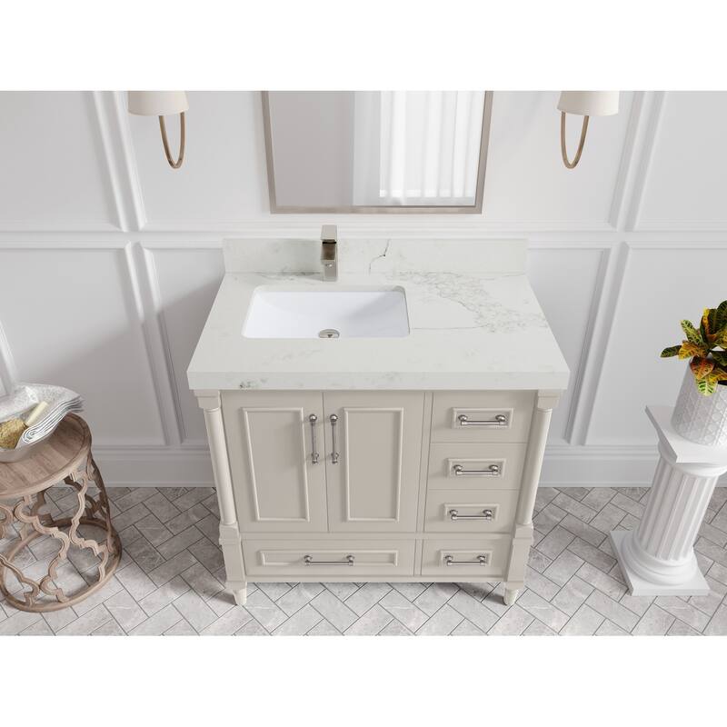 Willow Collections 36 in. W x 22 in. D Aberdeen Left Offset Sink Bathroom Vanity with Countertop - 2" Calacatta Nuvo - Fine Grain
