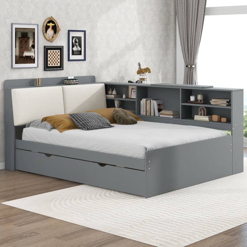 Full Size Platform Bed with Trundle, Storage Headboard, and Shelves in Gray