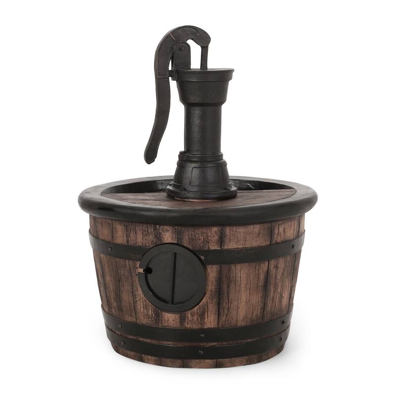Roomfitters 26.5" Hand-Crafted Rustic Barrel and Pump Outdoor Water Fountain with LED Lights, Weather-Resistant Faux Stone, Wood
