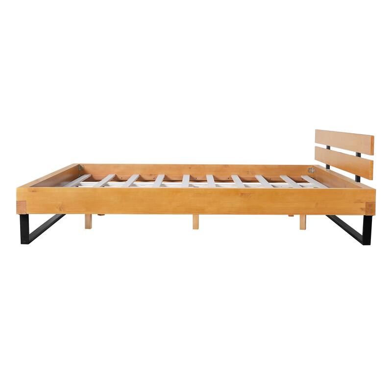 King Size Pine Wood Bed Frame with Black Iron Accents - Natural & Black