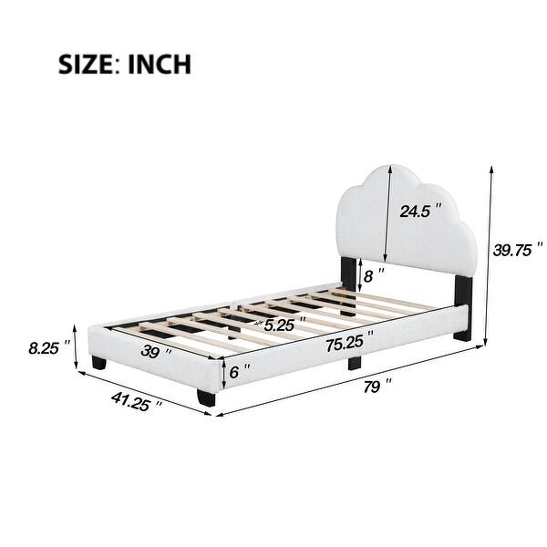 Twin Size Upholstered Boucle Fabric Platform Bed with Cloud-Shaped Headboard, Pine Wood Bed Frame for Kids, Boys & Girls, White