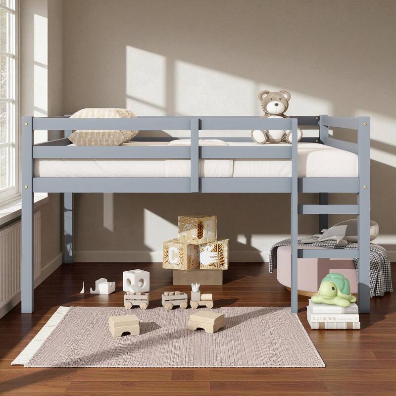 Full Size Loft Bed with Ladder, Solid Rubber Wood Frame Low Height Design with Guard Rails and Under-Bed Storage Space