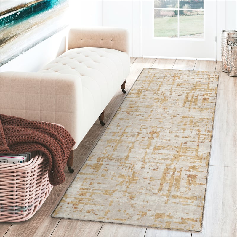 Indoor/ Outdoor Bravado Abstract Crosshatch Caramel Washable Area Rug - 2' x 7'6" - Caramel