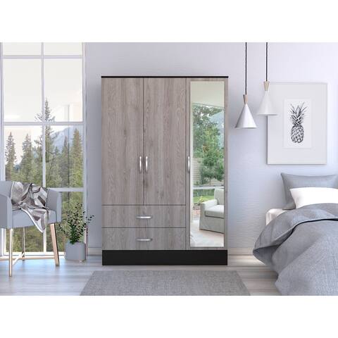 Florencia S Mirrored Bedroom Armoire, with Two Cabinets, Two Drawers and Divisions