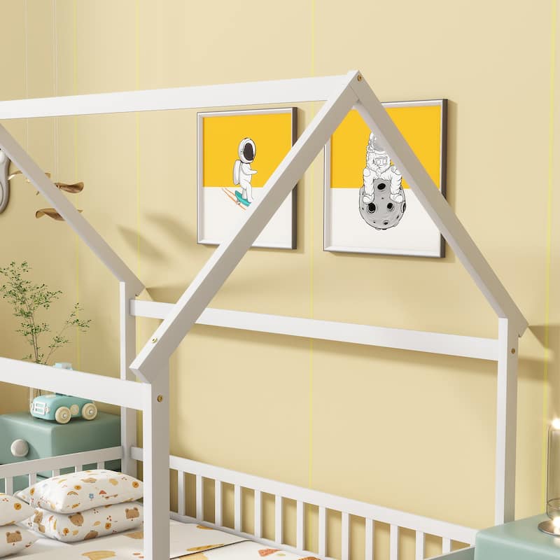 Full Size House Floor Wooden Bed with Roof Frame