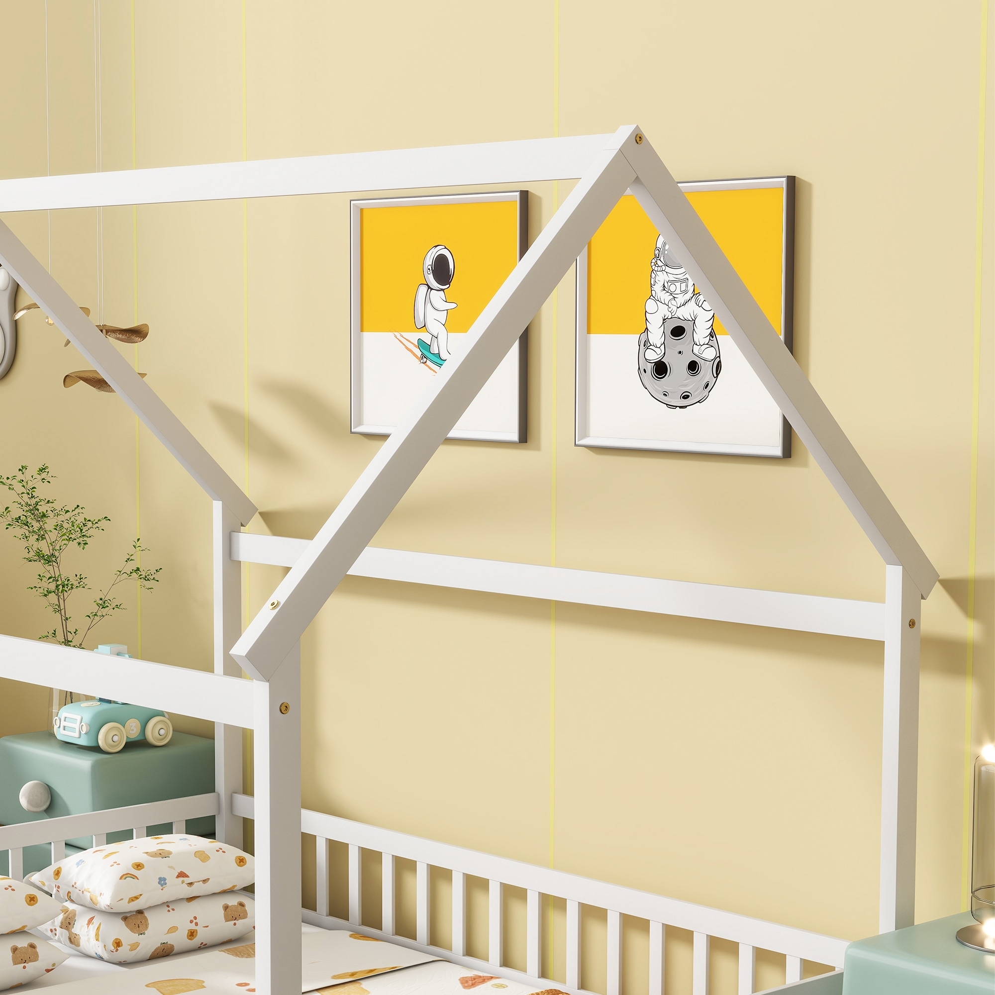 House Floor Wooden Bed with Roof Frame