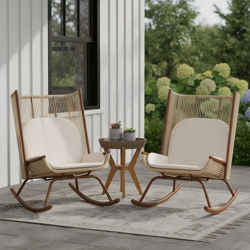 Christopher Knight Home - Modern Outdoor Rocking Chair (Set of 2) with PE Rattan and Accent Side Table Set - Natural+Grey