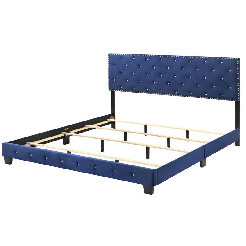 Suffolk Velvet Upholstered Jewel Accent Tufted Nailhead Panel Bed