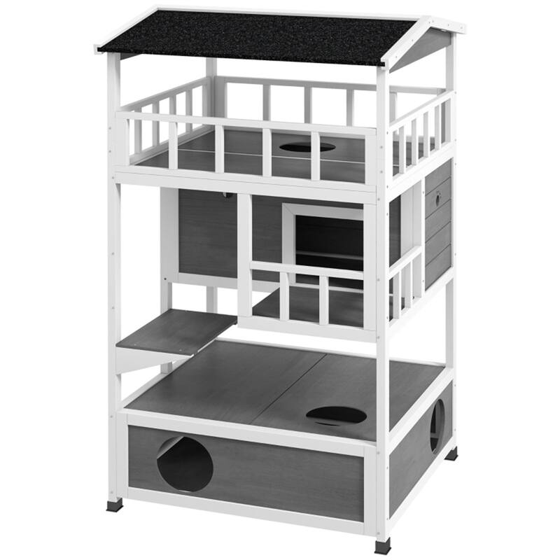 Pet Stairs & Cat Climbing Tower - Solid Fir Wood, Waterproof, Escape Door, Removable Board - 29.75" L x 29.5" W x 54" H