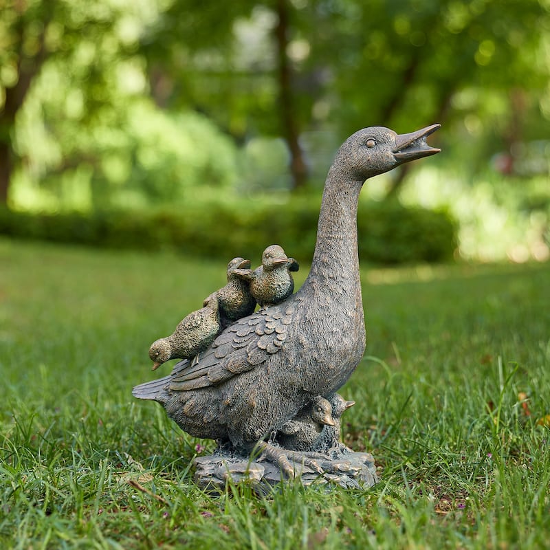 Glitzhome 15"H Resin Faux Bronze Duck Garden Statue Outdoor Decor