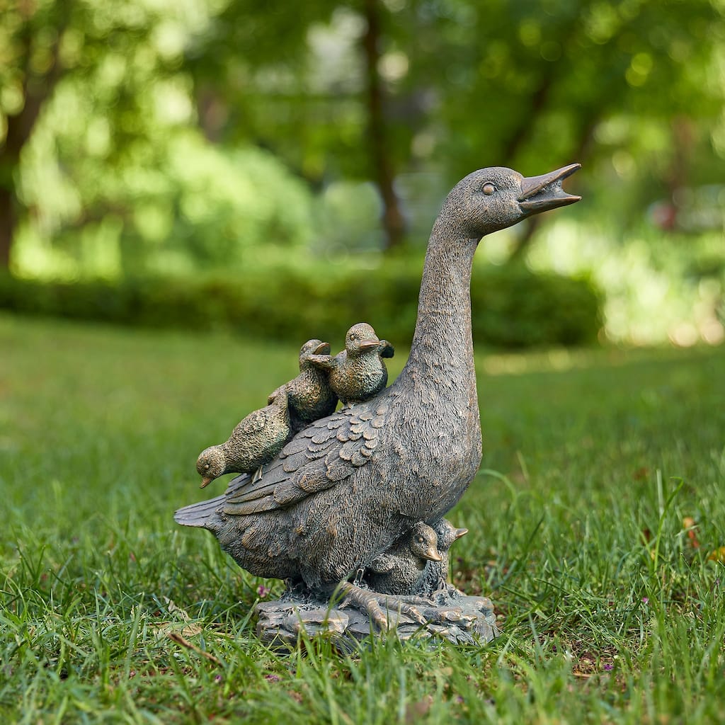 Glitzhome 15"H Resin Faux Bronze Duck Garden Statue Outdoor Decor