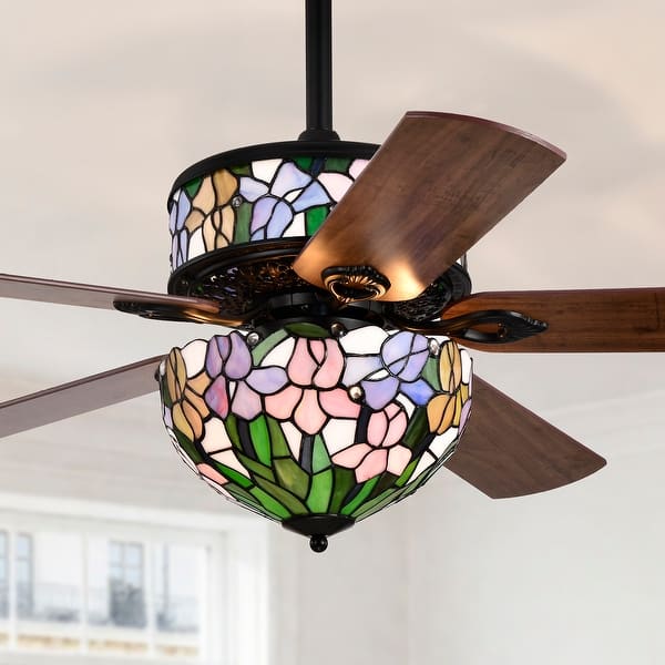 slide 2 of 17, Warehouse of Tiffany Zaina 5-Blade Lighted Ceiling Fan 2-Tier Tiffany Style Glass