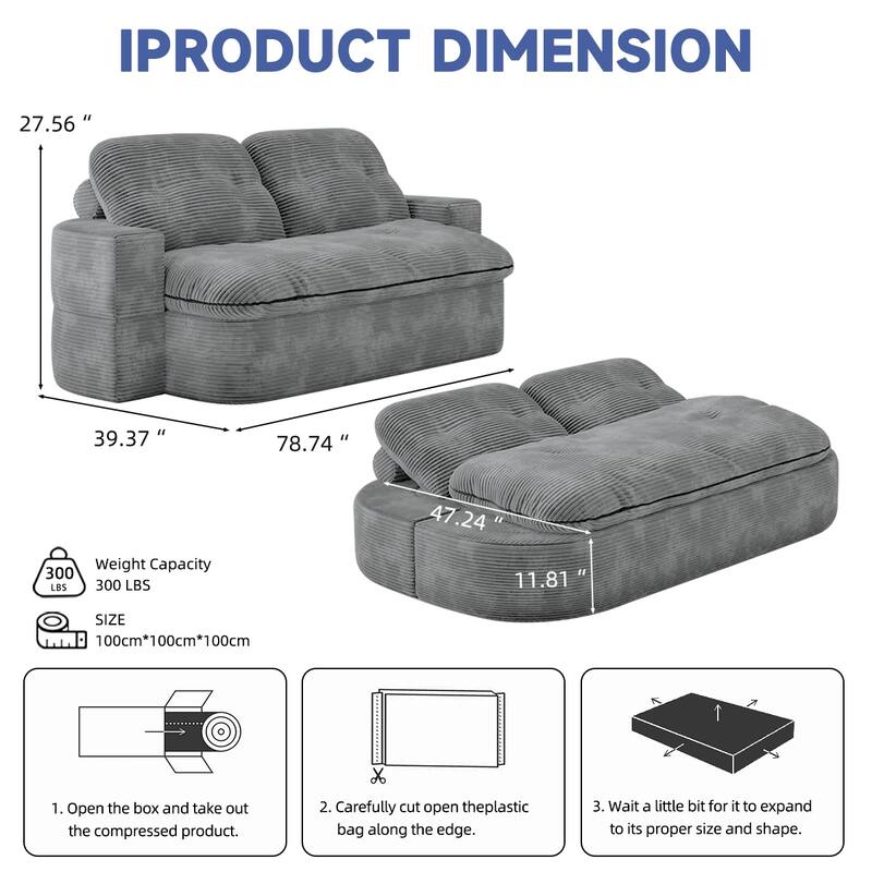 Oversized Loveseat Recliner Sofa, 2-in-1 Convertible Floor Sofa Bed, 3-Seat Sleeper Sofa with Adjustable Armrest