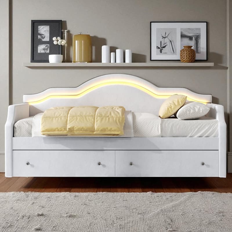Twin/Full Size Upholstered Daybed with LED Lights, 2 Storage Drawers, Velvet Frame, No Box Spring Required