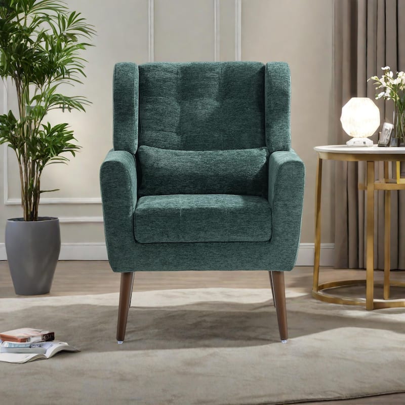 Chenille Modern Accent Chair with Wooden Legs and Mid-Century Lounge Chair (275lb Capacity) - Blackish Green