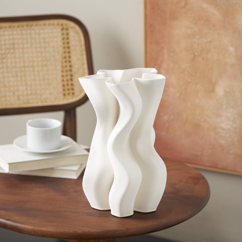 Ceramic Abstract Ribbed Dimensional Wavy Decorative Vase with Floral Shaped Rim - White - Roche River Decor