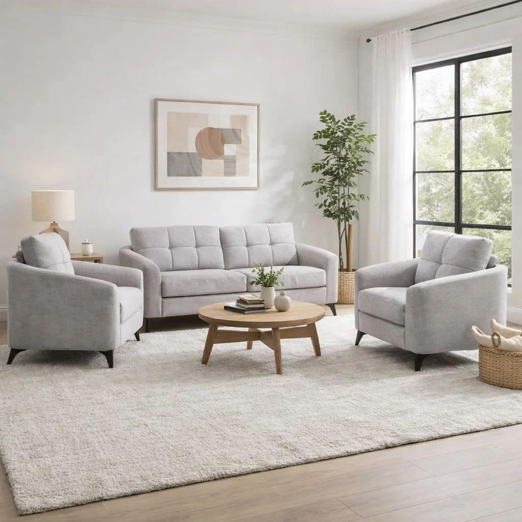 Odin 3 Piece Sofa, Loveseat, Chair Set, Tufted Cushions, Light Gray Velvet
