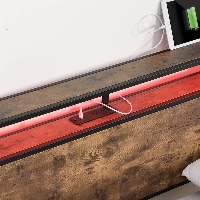 Full Size Bed Frame with Storage Headboard, Charging Station, LED Lights, Noise-Free Design, 4 Storage Drawers
