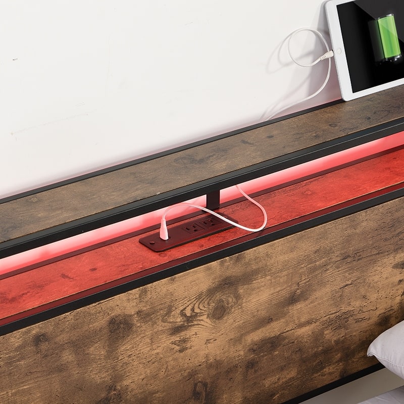 Full Size Metal Storage Bed with Storage Headboard, Charging Station, and LED Lights