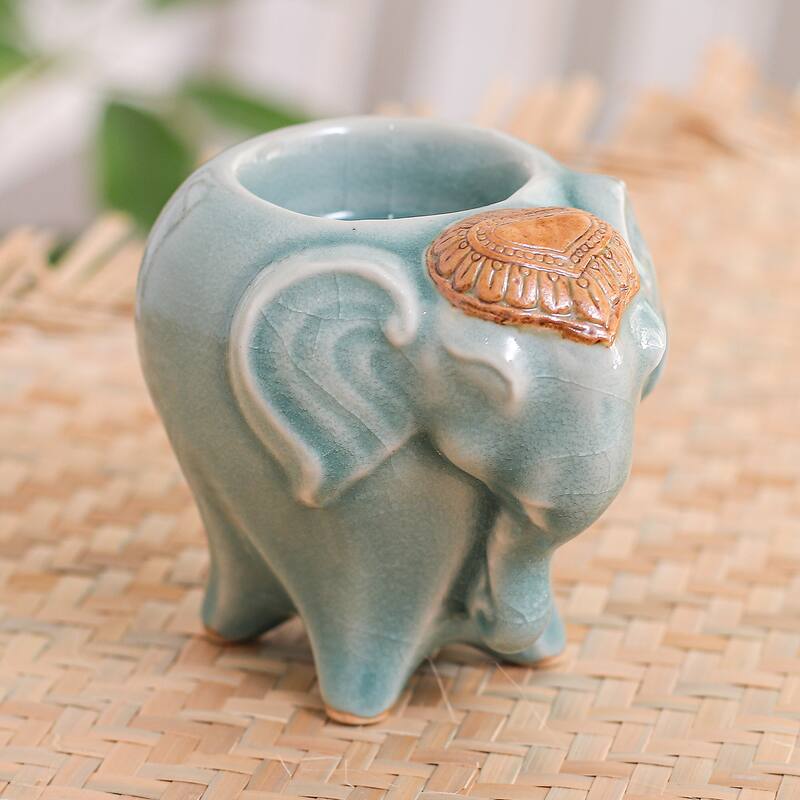 Novica Handmade Bright Elephant In Green Celadon Ceramic Tealight Holder