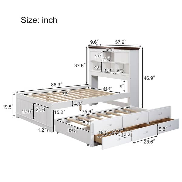 dimension image slide 0 of 2, Captain Bed with Bookcase Headboard, Solid Wood Storage Platform Bed with Trundle & 3 Storage Drawers, for Kids Girls Boys