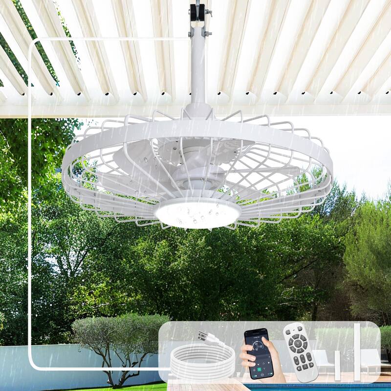 Outdoor Ceiling Fan with Light: 20 Inch Waterproof Gazebo Hanging - Plug in Remote App Control Caged Fans - 6 Speed Black - White