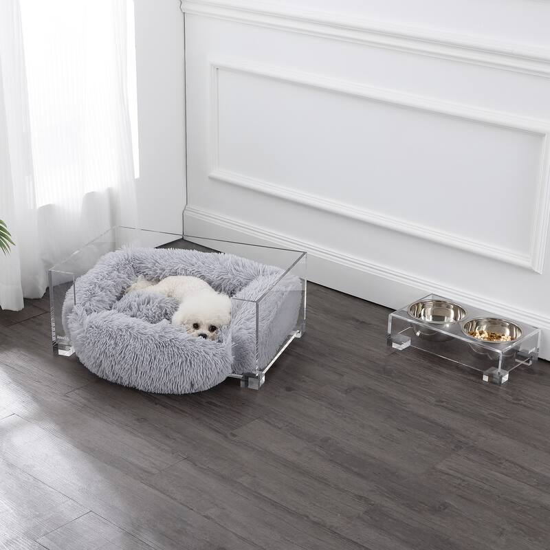 Billie 24"x15.75" Fluffy Pet Bed with Washable Cushion and 4" Elevated Pet Feeder with 27 oz 2-Stainless Steel Bowls, Set of 2