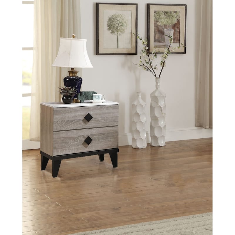 Cream Oak Nightstand with Faux Marble Top - Light Brown