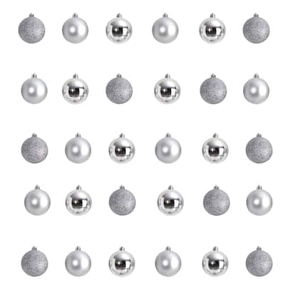 30ct Silver Shatterproof 3-Finish Christmas Ball Ornaments 2.5" (60mm)