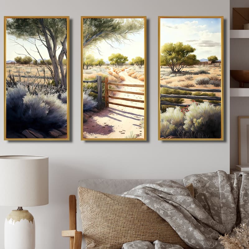 Designart "View Of The Pasture IV" Farmhouse / Country Framed Canvas Art Print - 3 Panels