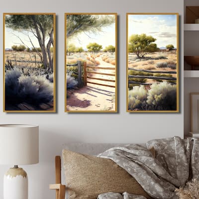 Designart "View Of The Pasture IV" Farmhouse / Country Framed Canvas Art Print - 3 Panels