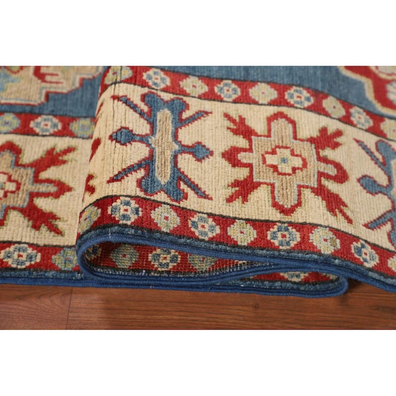 Blue Geometric Kazak Oriental Area Rug Bedroom Handmade Wool Carpet - 4'10" x 6'11"