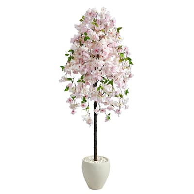 70" Cherry Blossom Artificial Tree in White Planter - 13"