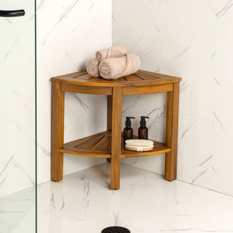 Maris 18" Solid Acacia Wood Indoor/Outdoor Corner Shower Bench with Shelf, By JONATHAN Y - 15.94L x 15.94W x 18.11H