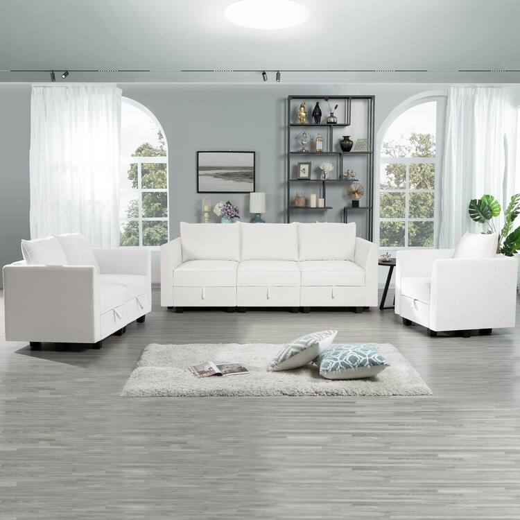 Modern Modular DIY Collection - Sturdy Wooden Frame - Versatile & Stylish Furniture for Living Room Bedroom - Sofa Set,White Down,Linen