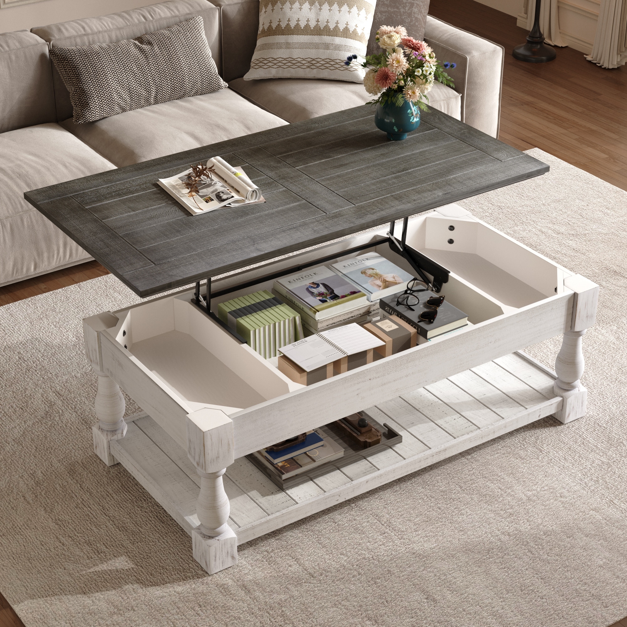 47" Farmhouse Lift Top Coffee Table with Fixed Shelf and 3 Hidden Storage