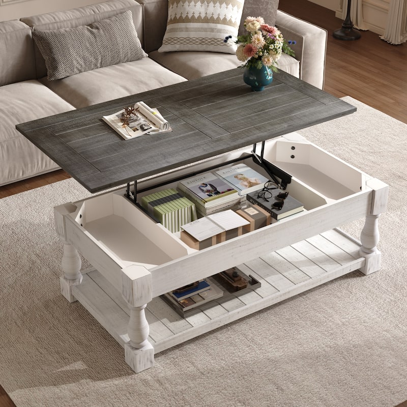 GDFStudio - Farmhouse Wooden Lift-Top Coffee Table with Storage - Antique Grey & White