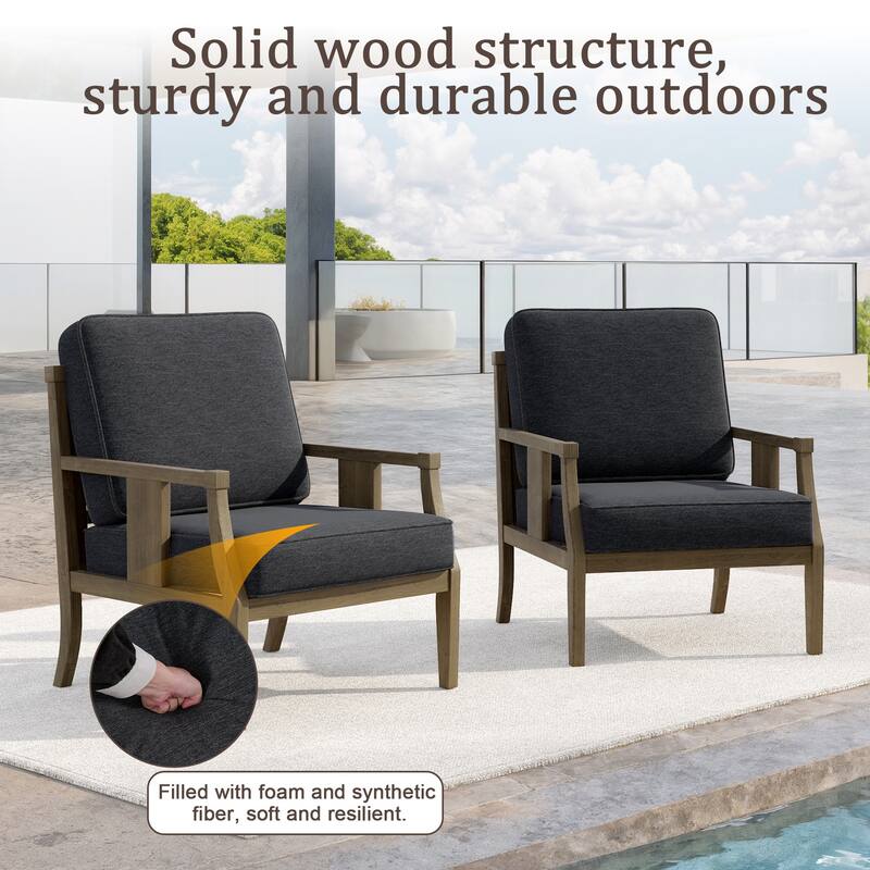 Set of 2 Outdoor Teak Wood Armchairs with Cushions, Patio Club Chairs