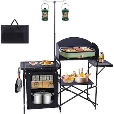 Camping Table, Camp Kitchen, Cook Station, Camping Kitchen Station, Grill Table with Storage, Light Stand and Windshield