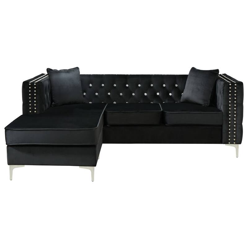 Black Velvet Sofa Chaise, KD Design, Chromed Steel Legs, 87x64x30 inches, 143 lbs