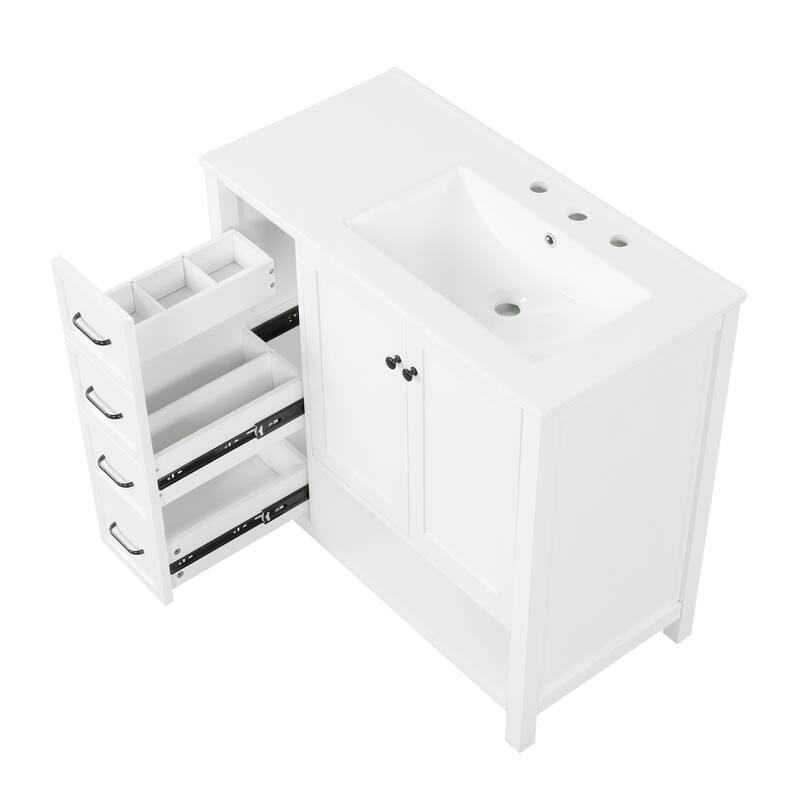Roomfitters 36" Bathroom Vanity with Sink, Right-Side Basin, Solid Wood Frame, 2 Doors, 2 Drawers & Open Shelf