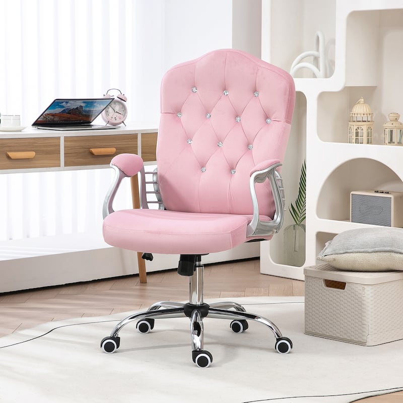 Velvet Tufted Adjustable Height Swivel Office Chair with Crystal Buttons and Tilt Function - 24" W x 24" D x 41" -45" H - Pink