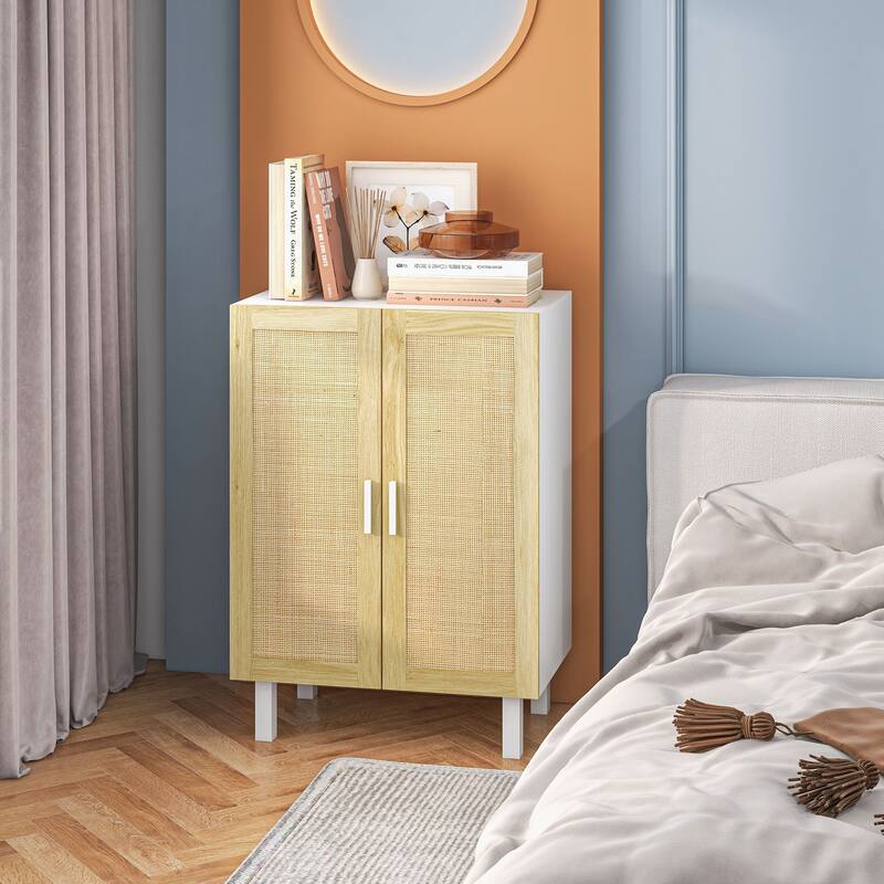 Boho Design Buffet Cabinet with 2 Rattan Doors and Adjustable Shelves for Living Room