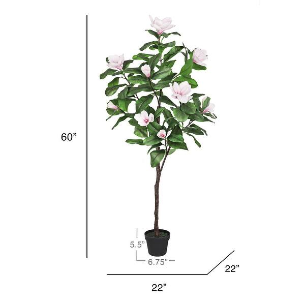 5ft Real Touch Pink White Artificial Magnolia Flower Tree in Black Pot - 60" H x 22" W x 22" DP