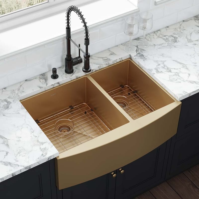 Ruvati 33-inch Satin Matte Gold Stainless Steel 60/40 Double Bowl Apron-Front Farmhouse Kitchen Sink - - 33" X 22" - 33" X 22"