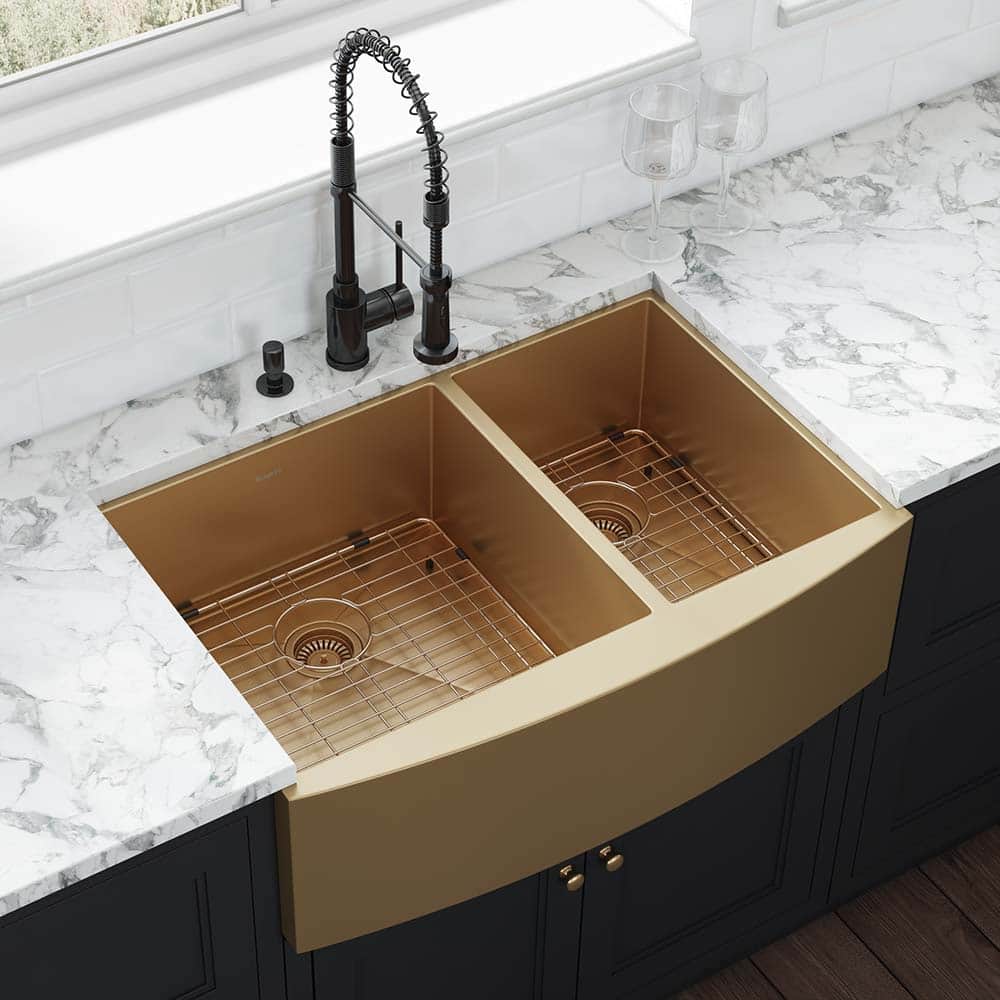 Ruvati 33-inch Satin Matte Gold Stainless Steel 60/40 Double Bowl Apron-Front Farmhouse Kitchen Sink - - 33" X 22" - 33" X 22"
